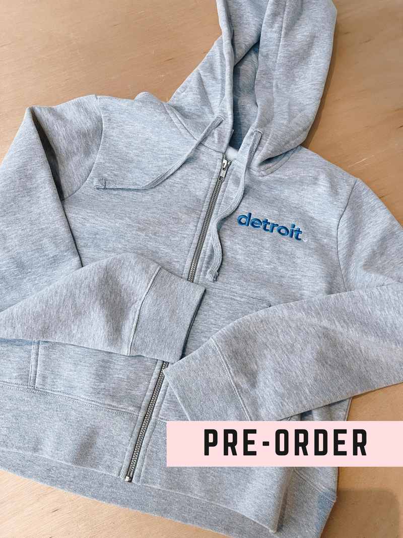 PREORDER Detroit Embroidered Grey Cropped Zip-Up Hoodie