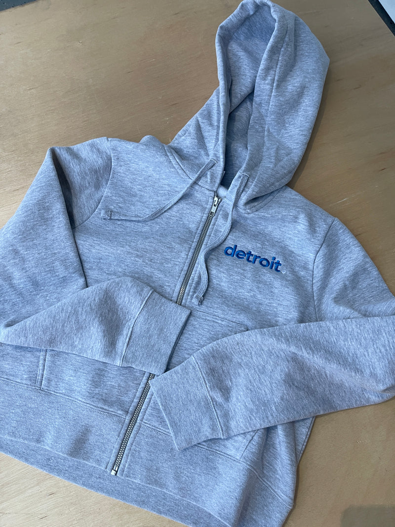 Detroit Embroidered Grey Cropped Zip-Up Hoodie