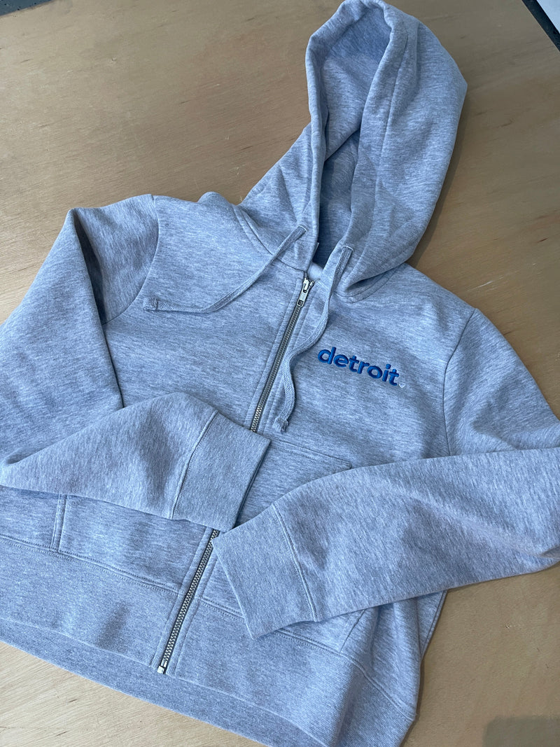 PREORDER Detroit Embroidered Grey Cropped Zip-Up Hoodie