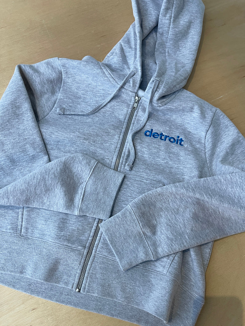 PREORDER Detroit Embroidered Grey Cropped Zip-Up Hoodie