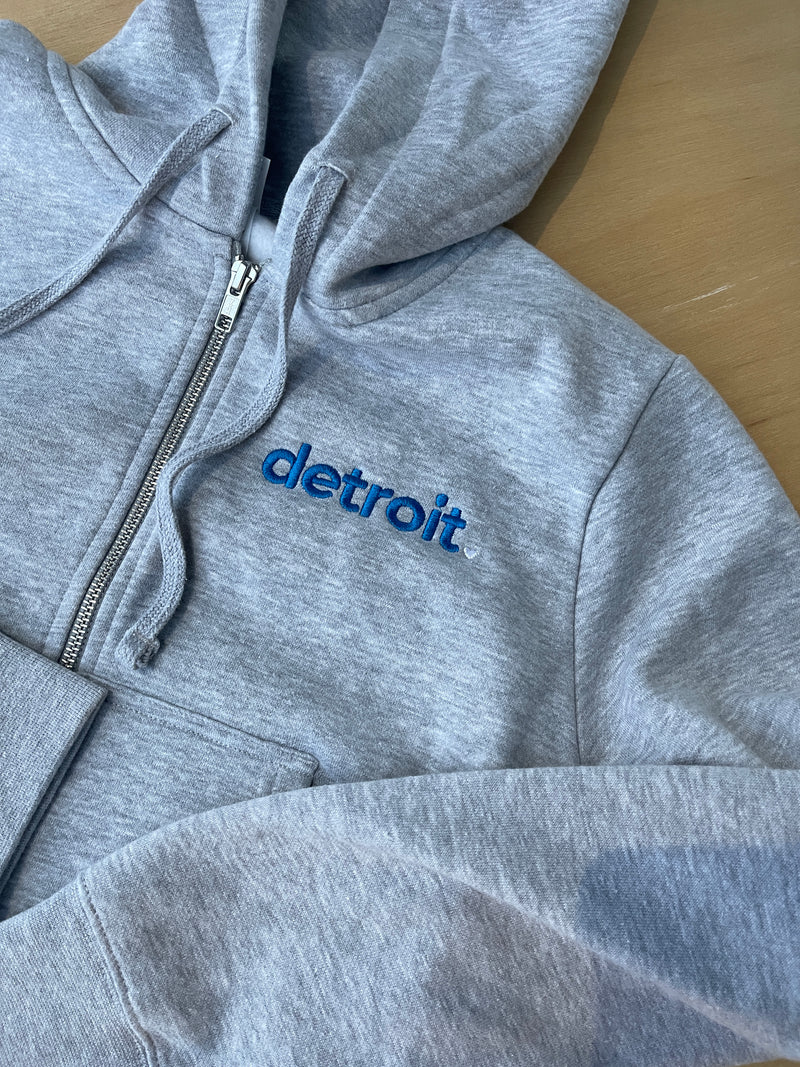 Detroit Embroidered Grey Cropped Zip-Up Hoodie
