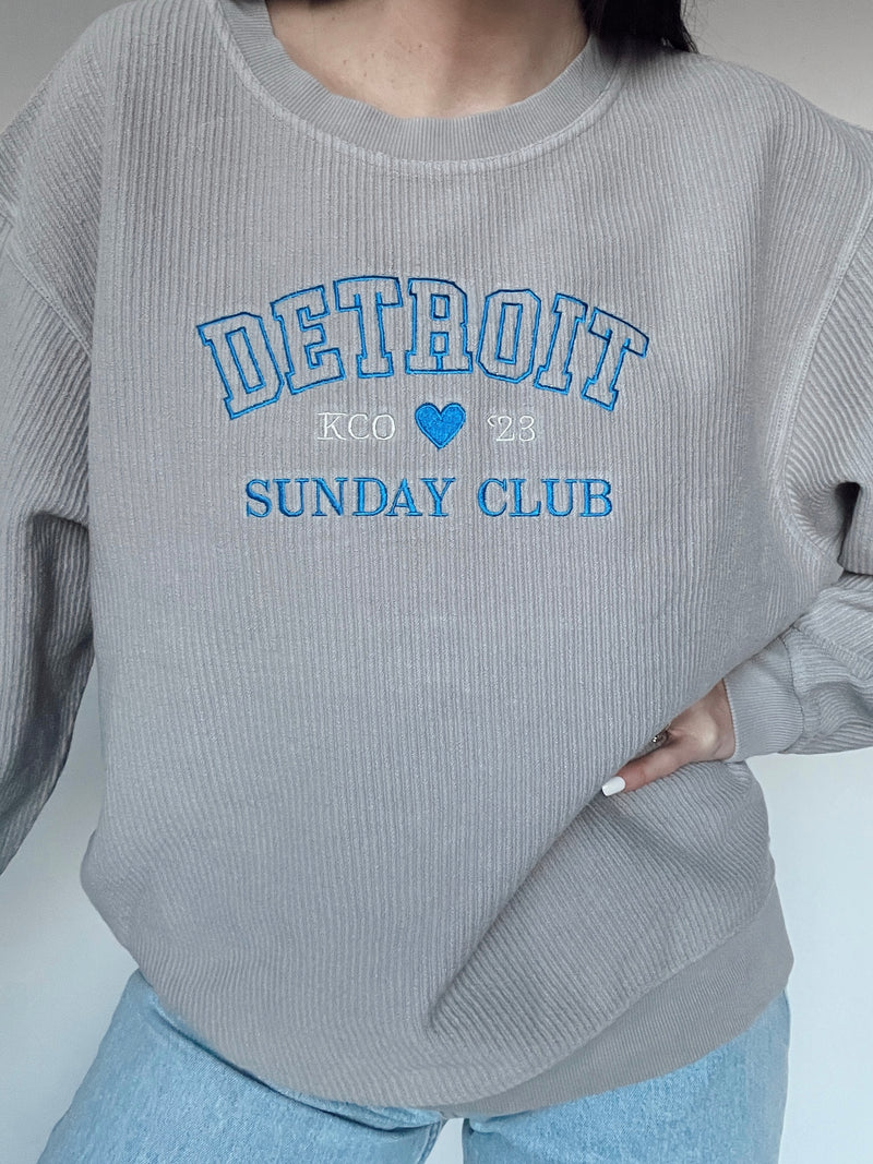 Detroit Embroidered Grey Sunday Club Corded Crew