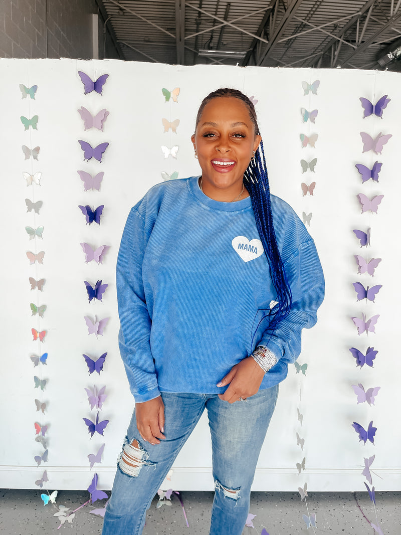 Mama Butterfly Royal Blue Corded Crew (all sales final)