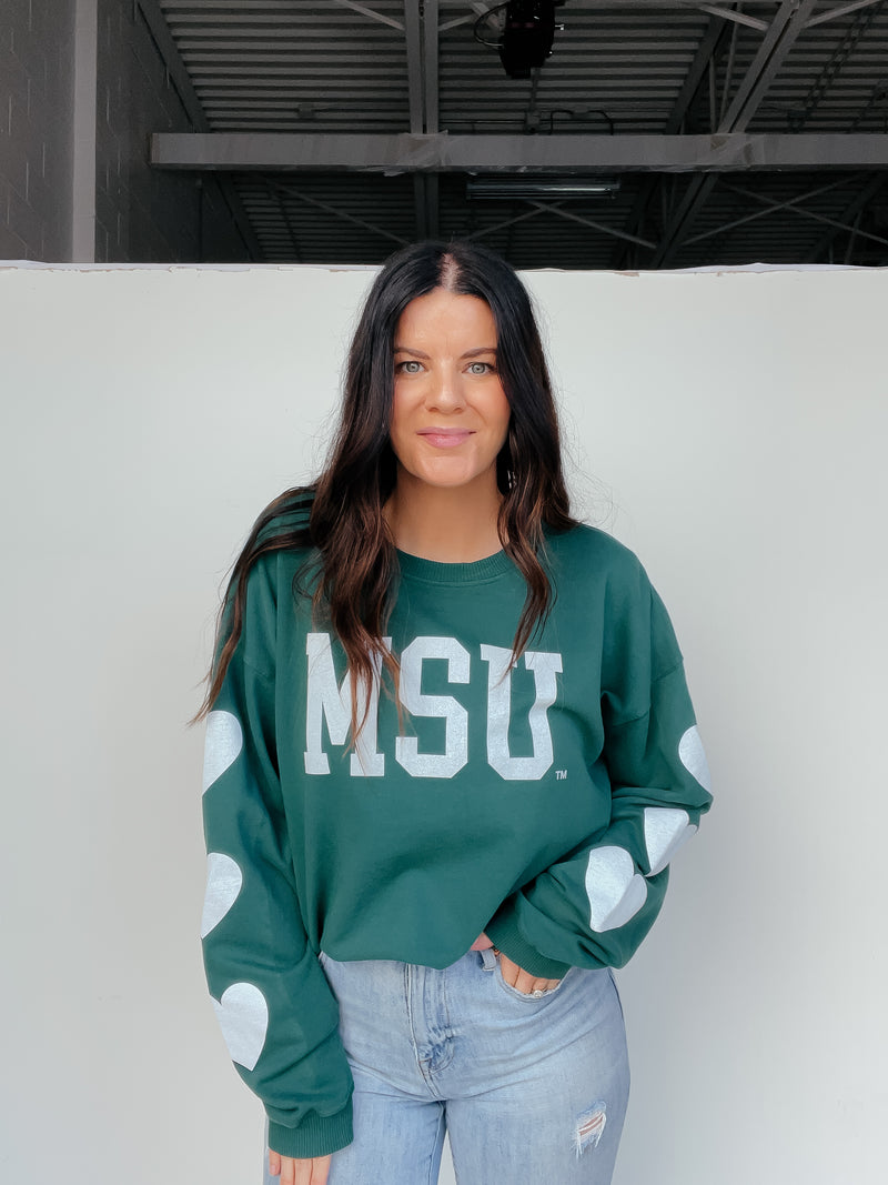 MSU Licensed Heart Sleeves French Terry Crew