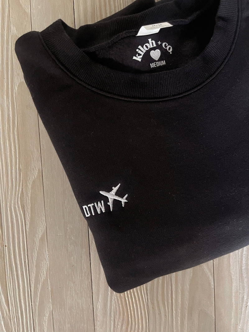 Airplane Embroidered Black Premium Cozy Crew